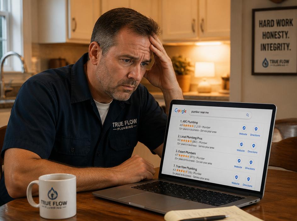 Frustrated local plumber checking Google search results showing competitors ranking higher