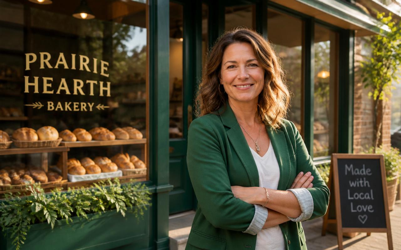 Confident local bakery owner standing in front of her shop